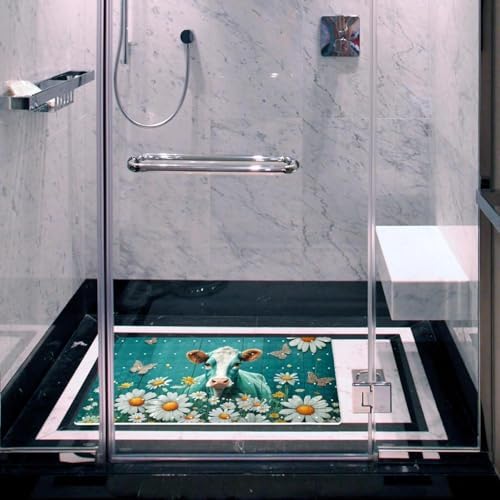Bathtub Mat Non Slip 26.8x15.1 Inch, Cow Daisies on Teal Plank Shower Mat - Image 6