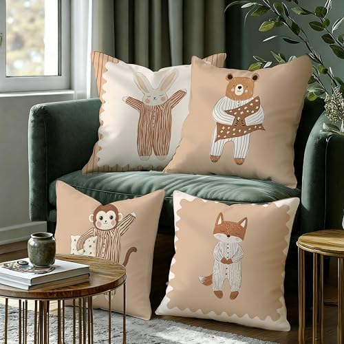 Earthy Bear Bunny Fox Monkey Animals Pillow Covers 18x18 Set of 4, Farm Boy - Image 6