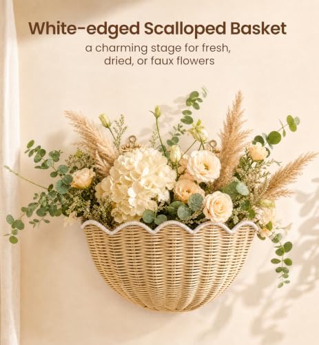 Scalloped Wall Basket 2 Pcs Hand Woven Wicker Hanging Basket Rattan Wall Decor - Image 6