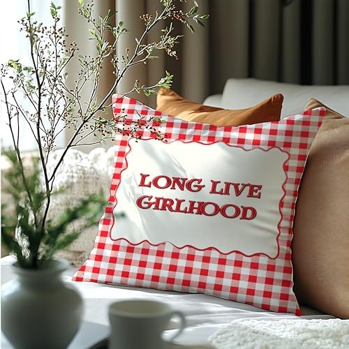 Long Live Girlhood Red Gingham Pillow Cover 18x18, Preppy Girls Playroom Room - Image 6