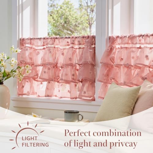 jinchan Ruffled Kitchen Valance Pom-Pom Voile Valance Curtains Sheer Shabby - Image 7