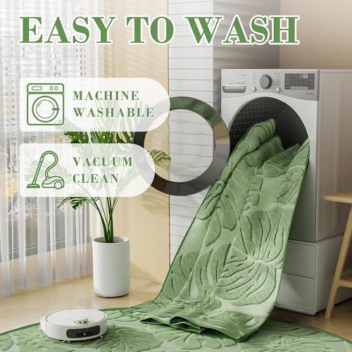 Sage Green Monstera 6x6 Round Area Rugs High-Low Plush Pile Washable - Image 6
