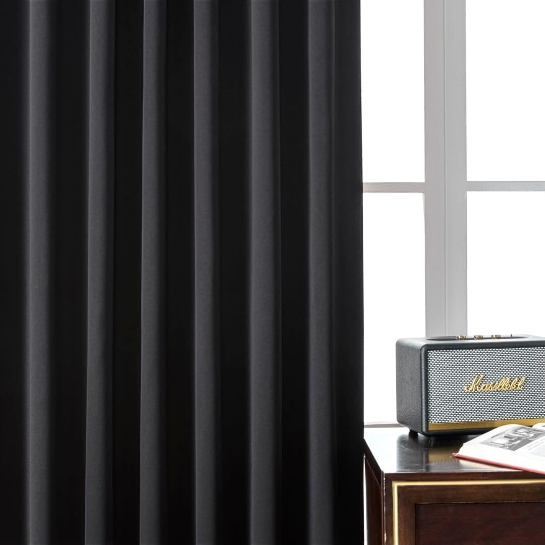 Joydeco 84 Inch Black Curtains 2 Panels Set, Blackout Curtains for Bedroom, Room Darkening Drapes for Living Room Window Rod Pocket Back Tab (W37 x L84 Inch, Black)