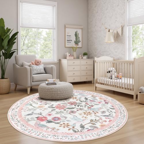 Rugalia Pink Floral Round Rugs 5ft, Washable Boho Circle Rug - Image 6