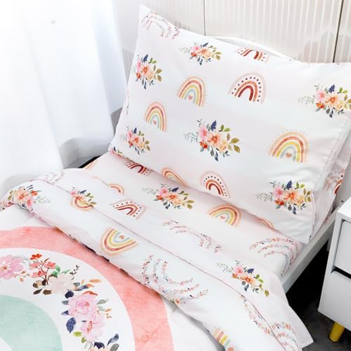 Toddler Bedding Sets for Girls, Rainbow Toddler Crib Bedding Set 4 Piece Pink - Image 6
