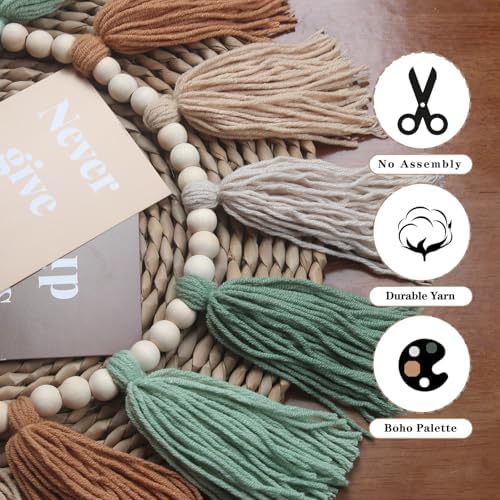 Sage Green Brown Boho Yarn Wood Bead Tassel Garland Wall Hanging Decor Neutral - Image 7