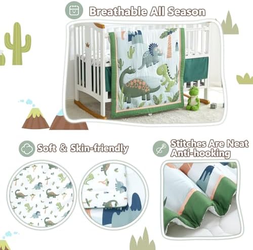 Dinosaur Mini Crib Bedding Set for Boys Green Premium 3-Piece Baby Bedding - Image 6