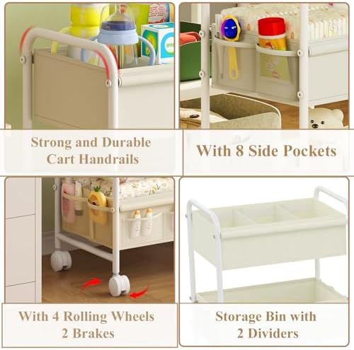 3-Tier Baby Diaper Caddy Cart Organizer, Mobile Nursery Storage Carts - Image 6