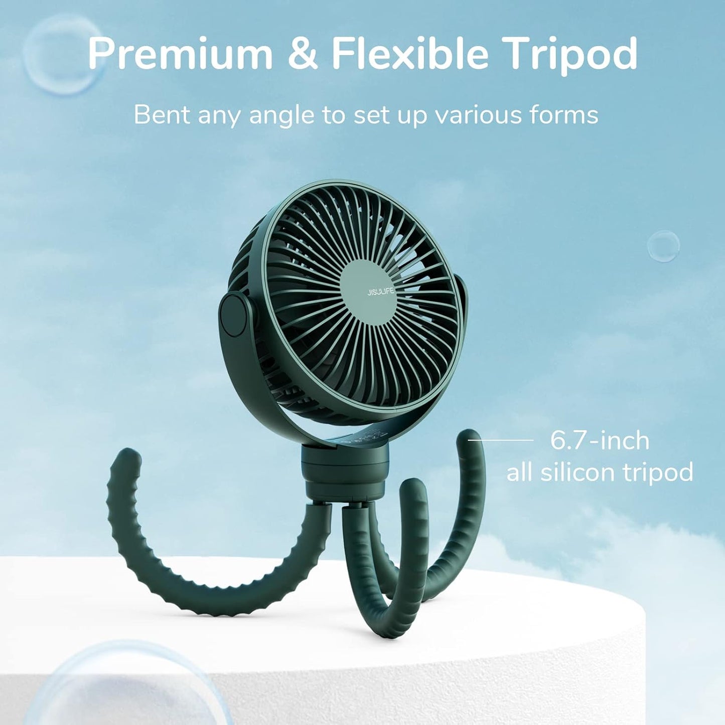 JISULIFE Portable Stroller Fan 4000mAh Battery Operated with 4 Speeds, USB Rechargeable Mini Fan with 360°Rotatable Flexible Tripod for Handheld/Desk/Car Seat/Treadmill/Travel -Alpine Green