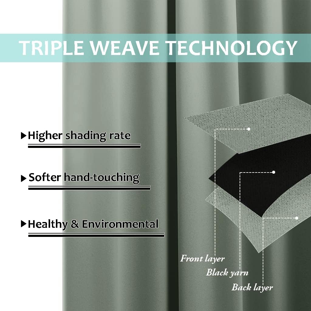 NICETOWN 100% Blackout Window Curtain Panels, Full Light Blocking Drapes with Black Liner for Nursery, 72-inch Drop Thermal Insulated Draperies (Greyish Green, 2 Pieces, 62-inch Wide Per Panel)