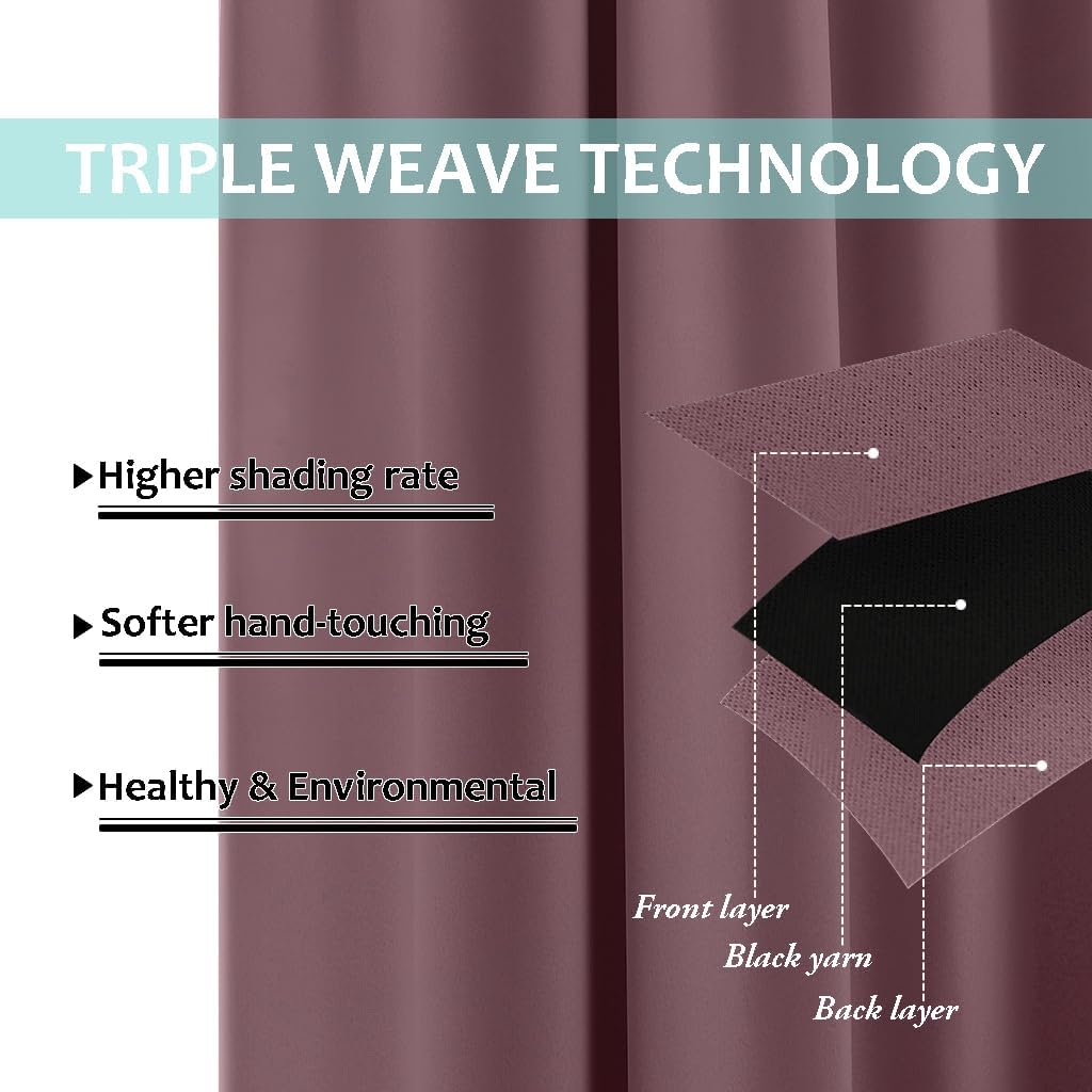 NICETOWN 100% Blackout Short Curtains with Black Liners, 2 Panels, 37" W by 60" L, Dry Rose, Solid Thermal Insulated Full Blackout 2-Layer Lined Drapes, Energy Efficiency Window Drapes for Bedroom