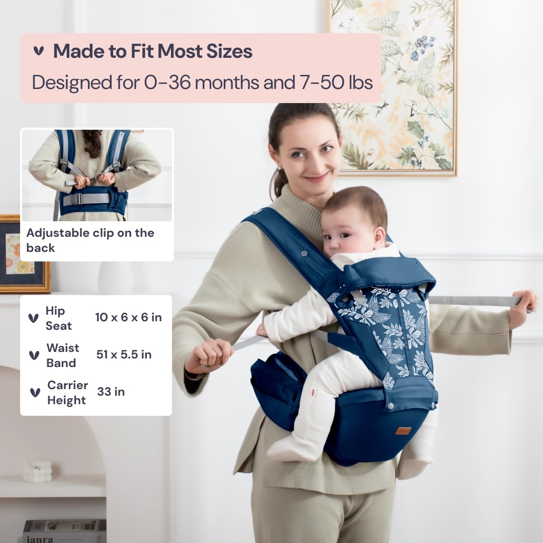 BabbleRoo Grow Carrier – Safety-Certified 6-in-1 Baby Carrier with Hip Seat, Ergonomic & Adjustable Toddler Carrier 7-50 lbs with Hip Support, Hood for Sun Protection, Newborn to Toddler, Denim Leaves
