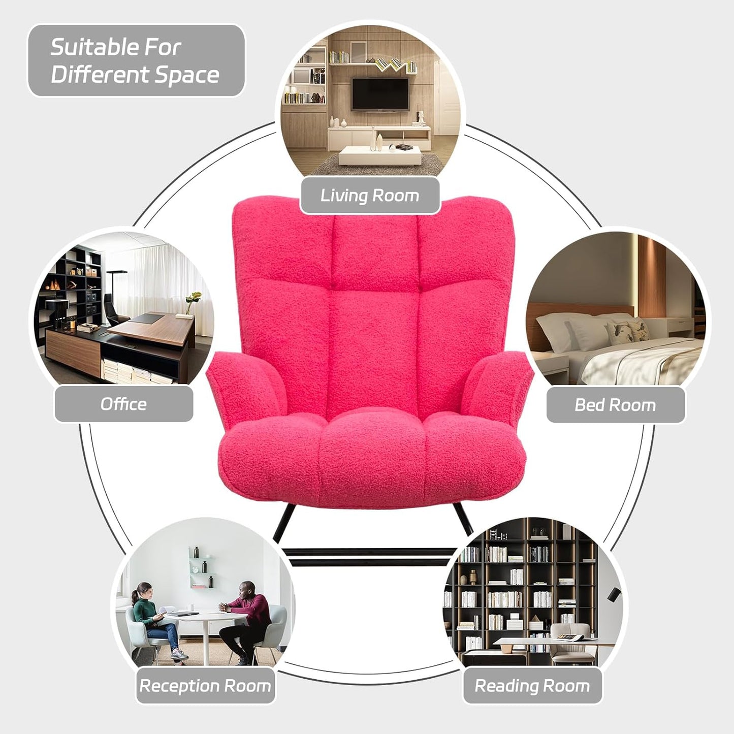 Rocking Chair Nursery Teddy Upholstered Glider Rocker Rocking Accent Chair Padded Seat with High Backrest Armchair Comfy Side Chair for Living Room Bedroom Offices (Hotpink Teddy)