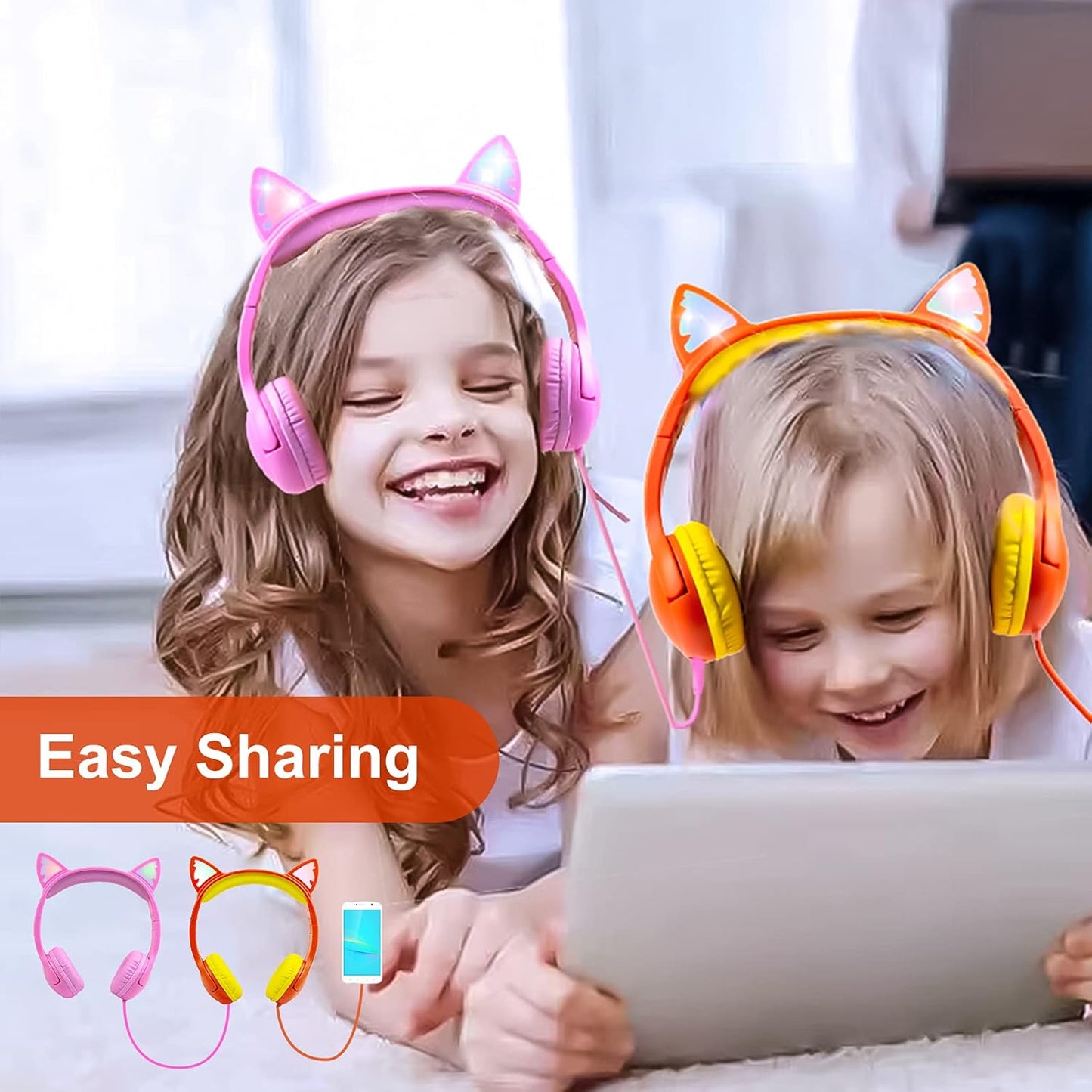Olyre Kids Headphones Children Girls Boys Teens with LED Light Up and Sharing Port, Adjustable On Ear 3.5mm Jack Compatible School Cellphones Computer MP3/4 Tablets/E-Readers - Orange/Yellow