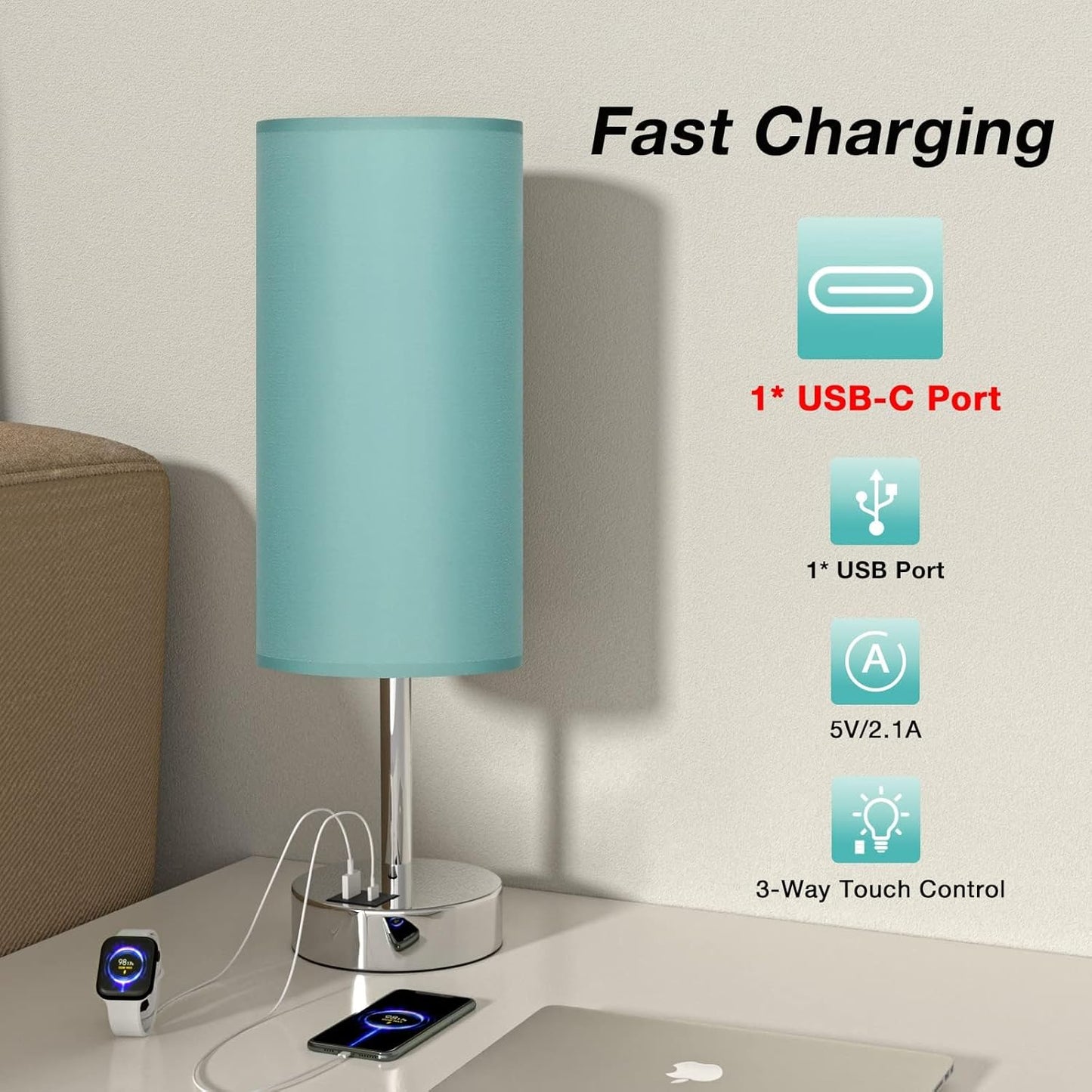 Teal Touch Bedside Lamps for Bedroom - Small Coastal Nightstand Lamp with USB-C and USB A Charging Ports, 3 Way Dimmable Control Table Lamp for Office, Dorm with Fabric Shade Silver Base