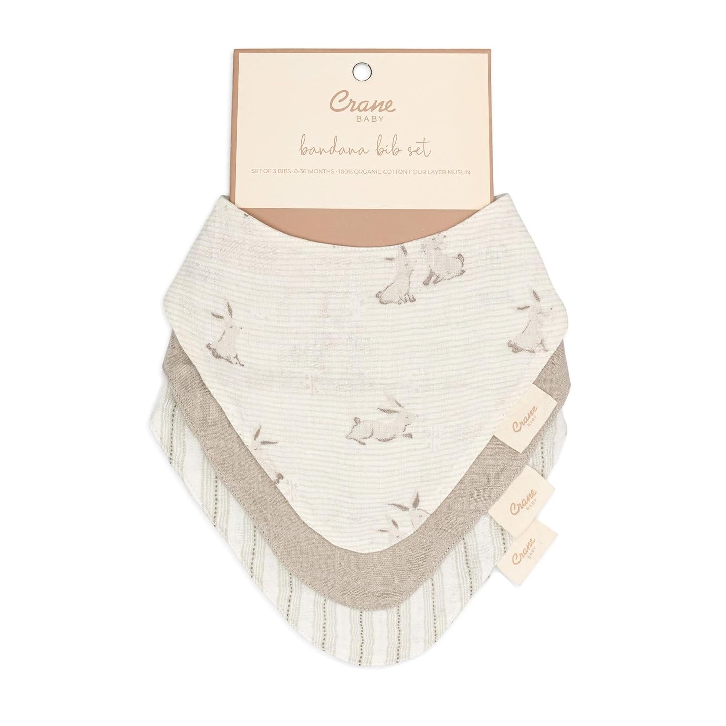 Crane Baby 100% Organic Cotton Baby Bibs, 3-pc. Set, Bunny Pattern For Boys, Girls, Unisex, Feeding, Drooling, Teething Bibs