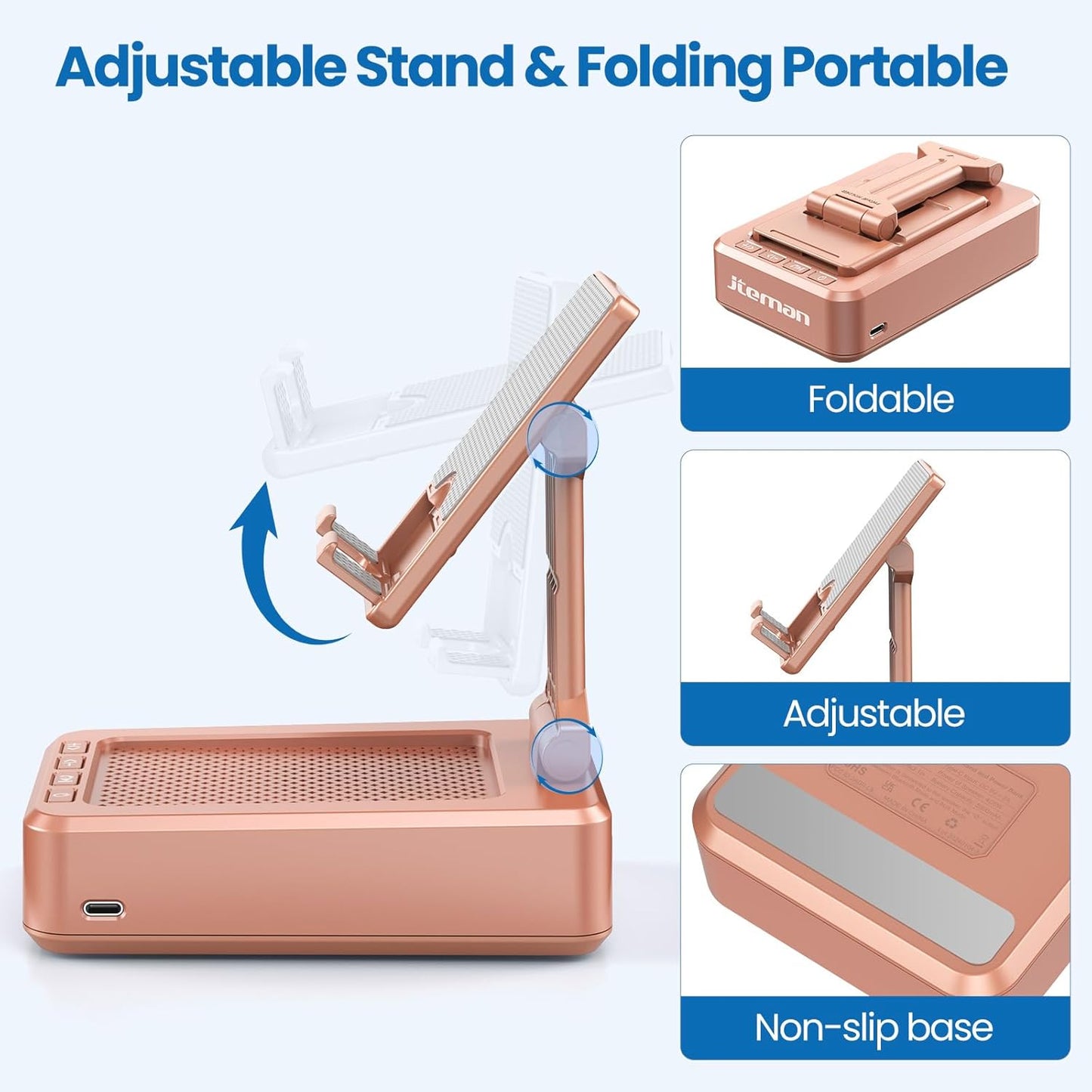 Jteman Portable Phone Stand with Speaker Bluetooth Wireless, Gifts for Women, Birthday Gift, Kitchen Gadget, Phone Holder for Desk - Rose Gold