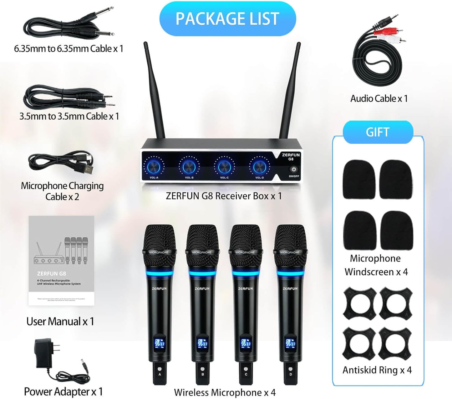 Pro Rechargeable Wireless Microphone System 4 Channel, UHF Metal Handheld Wireless Microphones Cordless Mics with VOL Control, 4x50 Adjustable Frequency for Karaoke Singing Church(G8)