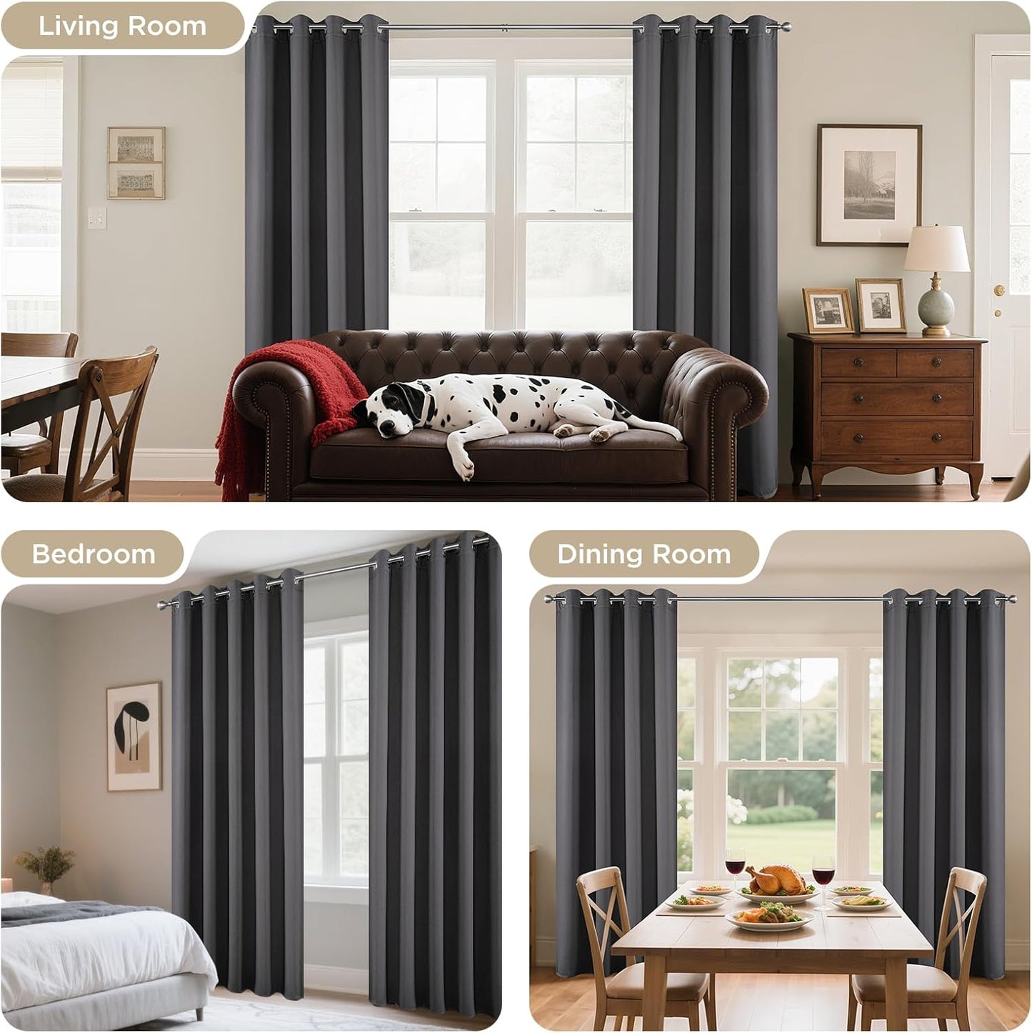 Joydeco Blackout Curtains 63 Inch Length 2 Panels Set, Thermal Insulated Long Curtains& Drapes 2 Burg, Room Darkening Grommet Drapes for Living Room Bedroom Window (W52 x L63 Inch, Dark Grey)