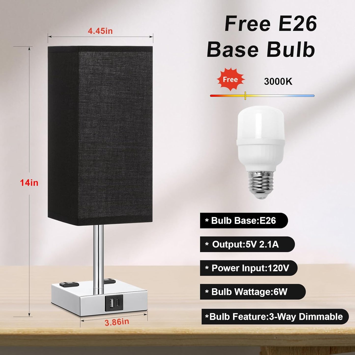 Touch Bedside Table Lamp for Nightstand - 3-Way Dimmable Night Lamp with USB A + Type C Charging Ports and Two AC Outlets, Small Desk Light with E26 LED Bulb for Bedroom Living Room Dorm Office,Black