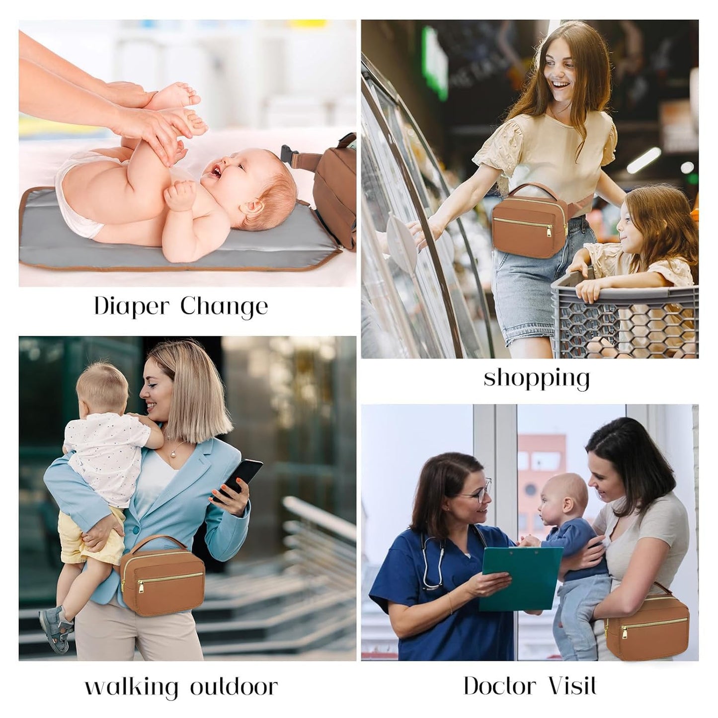 printe Small Diaper Bag with Portable Changing Pad, Crossbody Women Waist Bag with Wipes Pocket for Travel, Stroller Diaper Funny Pack, Brown