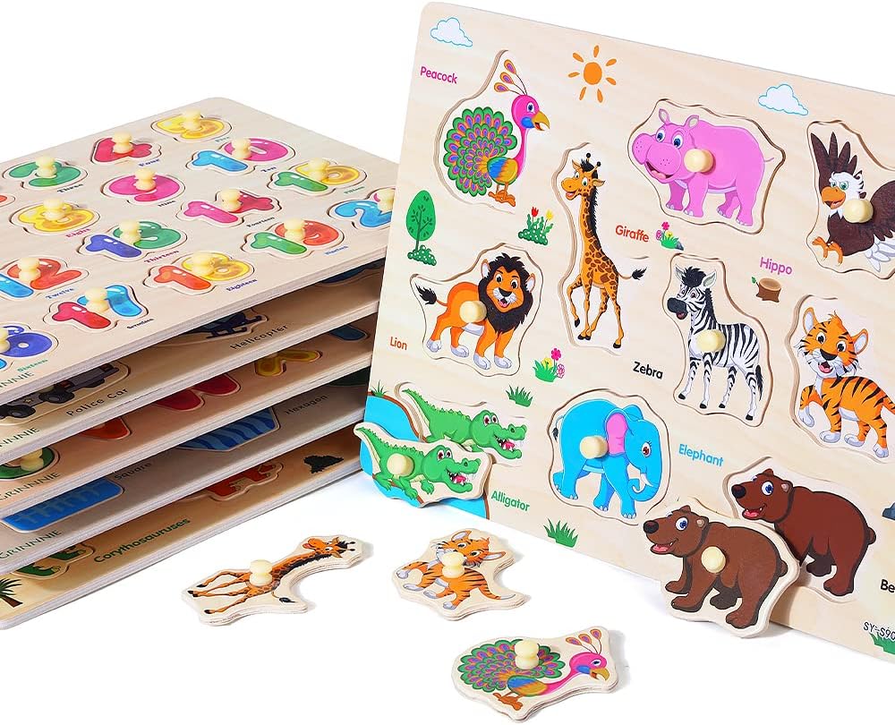 GRINNNIE Wooden Peg Puzzle for Toddlers, 6 Pack Toddler Puzzles Set for 3 4 5 Years Old (Alphabet Number Shape Animal Dinosaur Vehicle), Preschool Education Learning Puzzle Toys for Girls and Boys