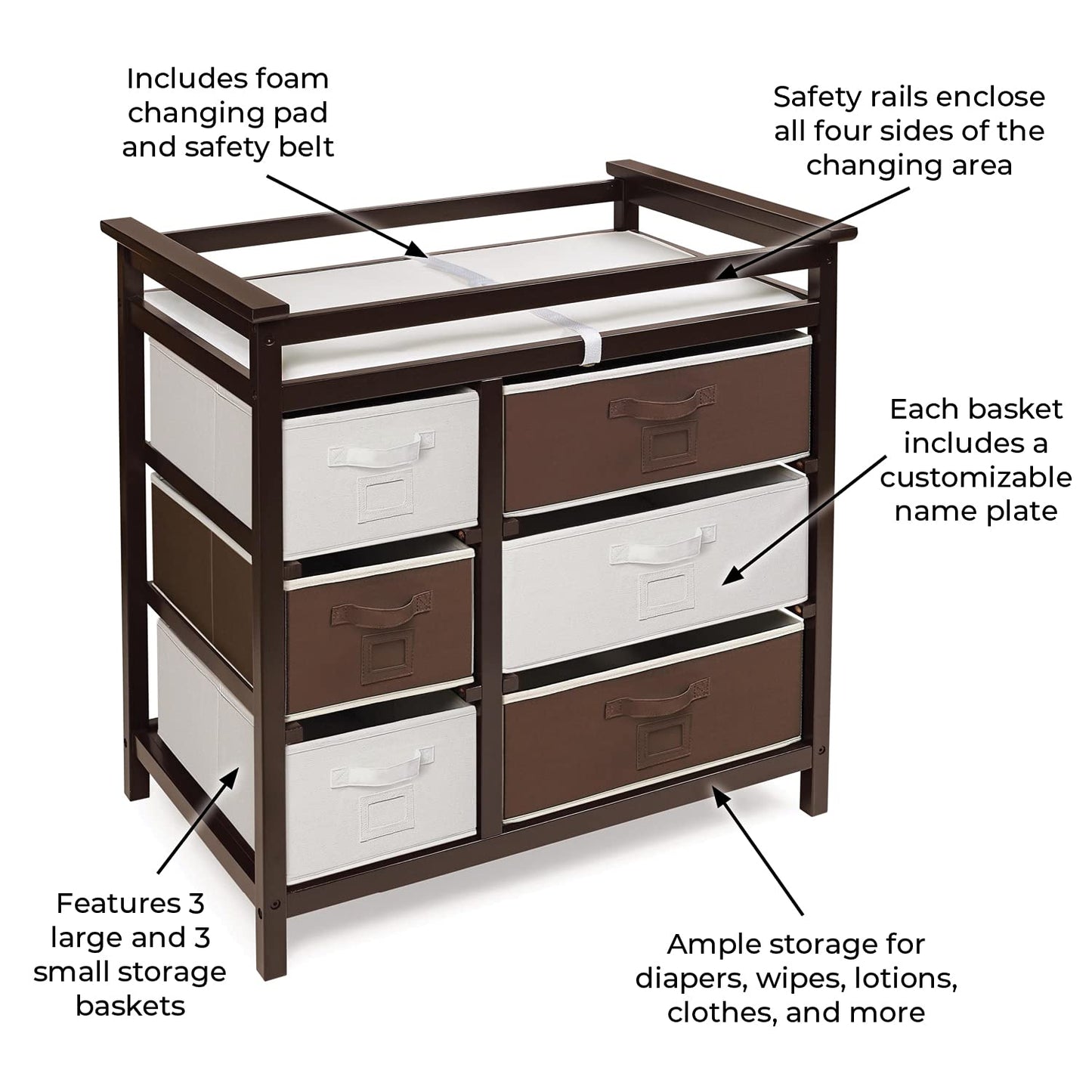 Badger Basket Modern Baby Changing Table with 6 Storage Drawers and Pad, Diaper Change Station - Espresso