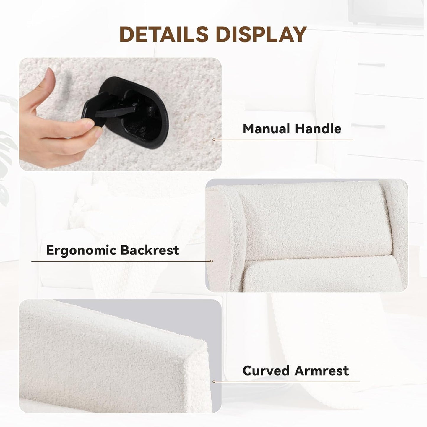 COMHOMA Nursery Rocking Chair Teddy Upholstered Swivel Rocker Recliner Manual Glider Reclining Chair for Living Room Bedroom Offices (Beige, 1 PCS)