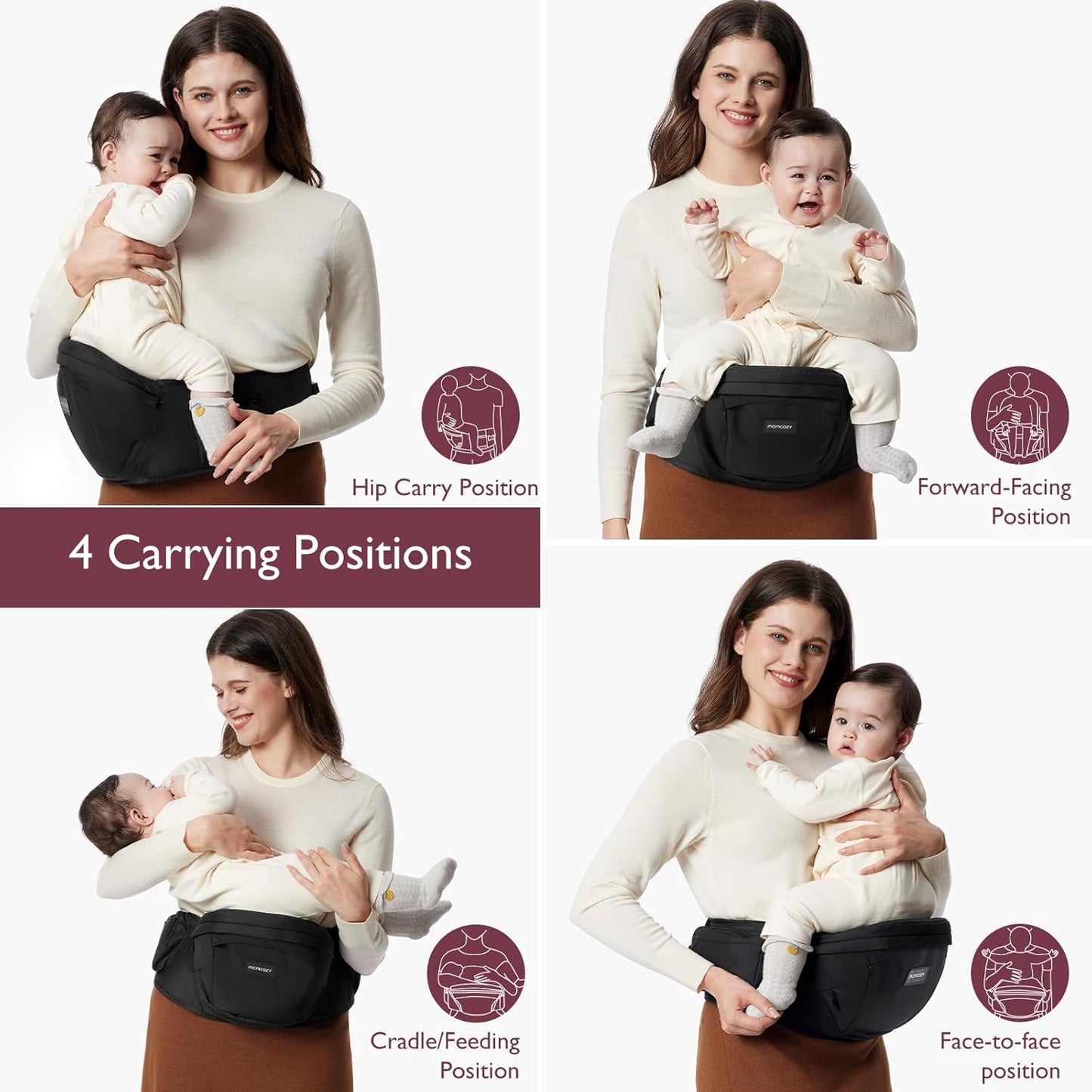 Momcozy Hip Seat Baby Carrier - Adjustable Waistband with Original 3D Belly Protector, Ergonomic Carrier with Various Pockets for Newborns & Toddlers up to 45lbs (Black, Large)