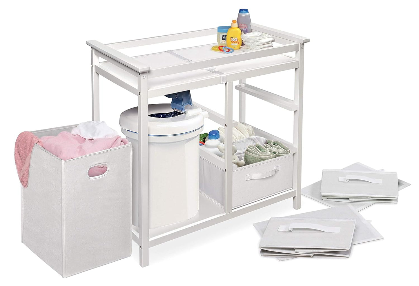 Badger Basket Modern Baby Changing Table - Portable Diaper Station with 3 Drawers Pad & Hamper - Storage Organizer for Baby Clothes, Diapers & Toys - Fresh White/White (34.25 x 20.75 x 34.5)
