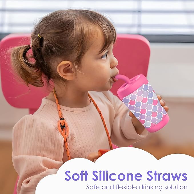 Kid Insulated Stainless Steel Tumbler with Silicone Straw, 12oz Sippy Cup for Kids (Mermaid Scale)