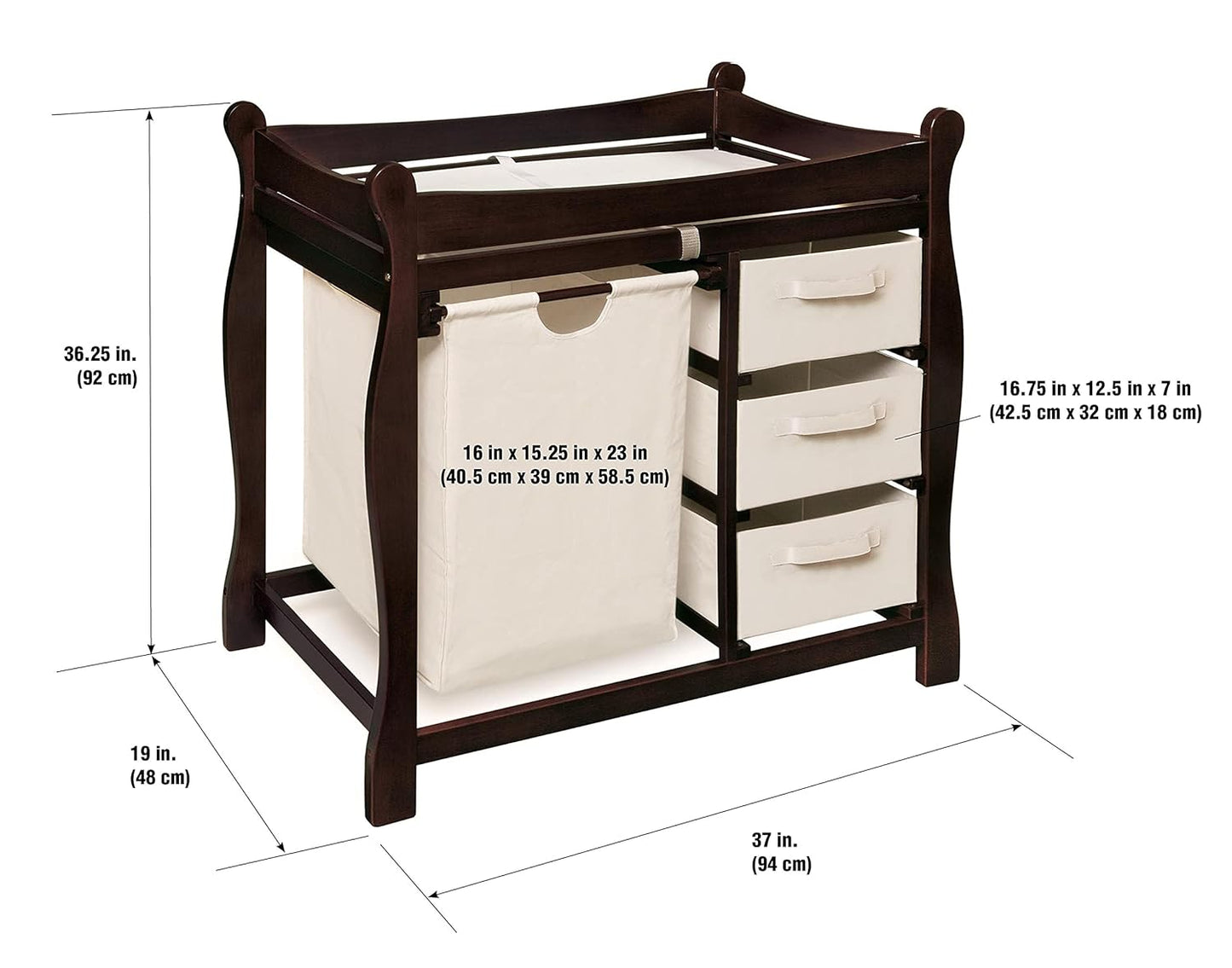 Badger Basket Sleigh-Style Baby Changing Table - Diaper Changing Station with 3 Storage Baskets - Nursery Organizer with Hamper, Changing Pad, Safety Rails - Espresso