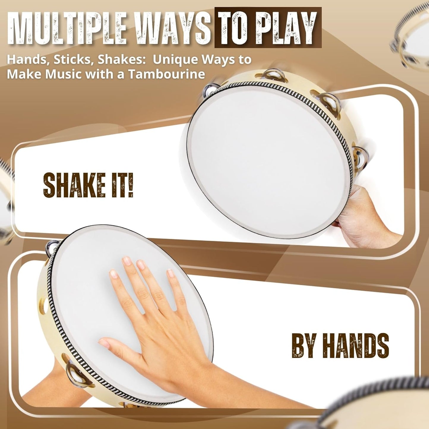 Flexzion Handheld Tambourine - 8 & 6 Inch Set of 2 Pack, Double Row 12 Pair Metal Jingles, Percussion Drum Moon Musical Educational Instrument for Adults Classroom Gift Party (Wood)