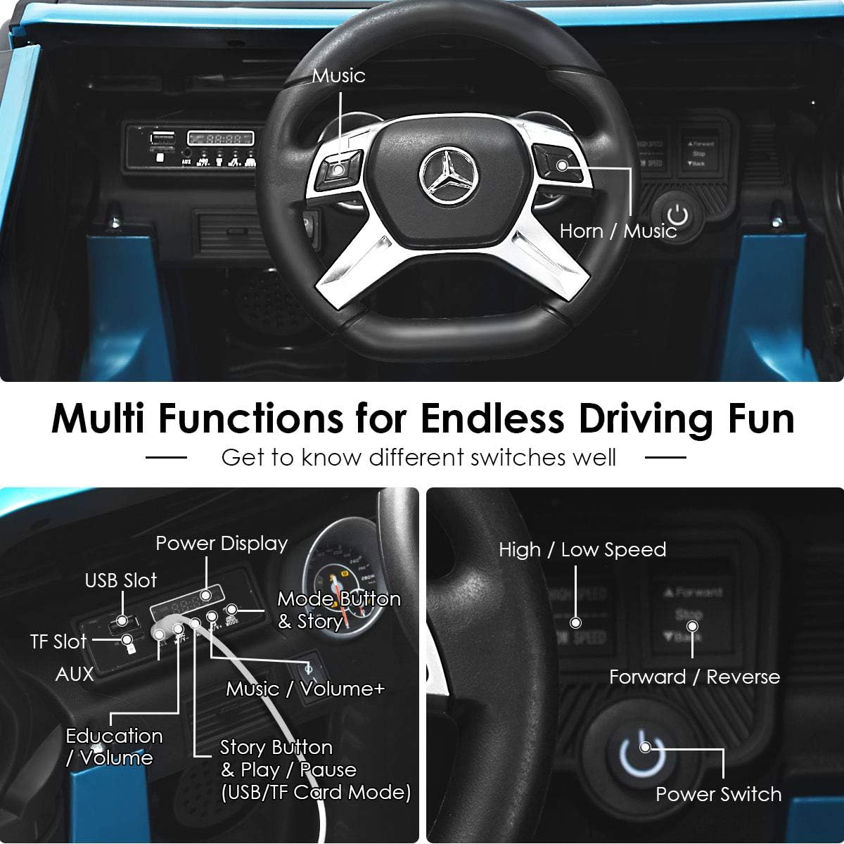 Costzon Ride on Car, Licensed Mercedes-Benz Maybach, 12V Battery Powered Vehicle Toy w/ 2 Motors, Remote Control, 3 Speeds, Lights, Horn, Music, Aux, Storage, Truck, Electric Car for Kids (Navy)