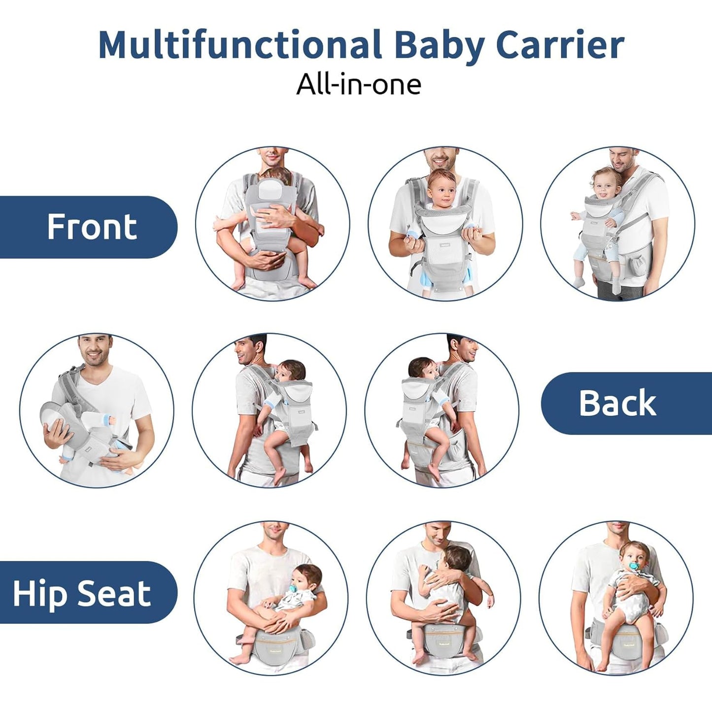 Baby Carrier with Hip Seat,Ergonomic M Position 6in1 Baby Carrier Newborn to Toddler,Head Support and Breathable Mesh Newborn Carrier,Adjustable Baby Holder Carrier for Dad&Mom-Grey