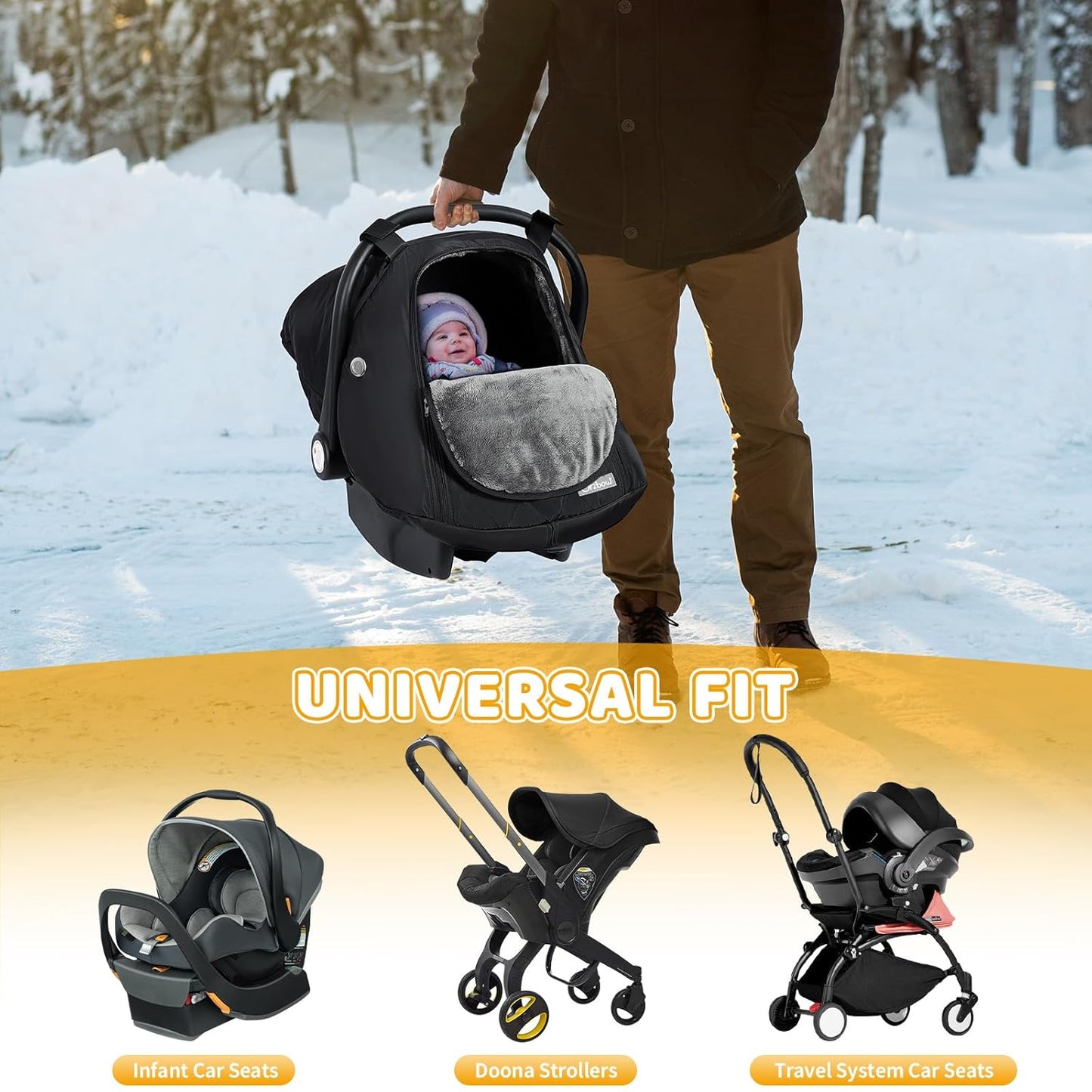 Orzbow Baby Car Seat Cover, Winter Carseat Cover with Zipper Access, Rain, Snow and Wind Proof, Side Breathable, Compatible with Doona Car Seats and Strollers, Newborn Essentials Carrier Canopy, Black