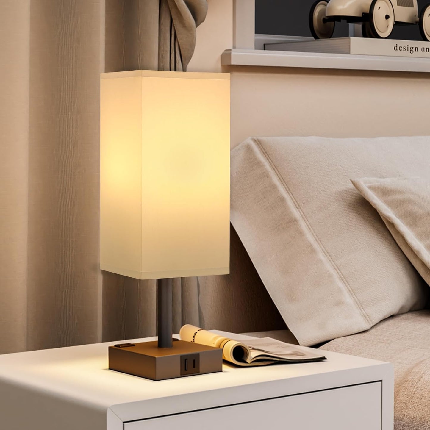 Touch Bedside Table Lamp for Nightstand - 3-Way Dimmable Night Lamp with USB A + Type C Charging Ports and Two AC Outlets, Small Desk Light with E26 LED Bulb for Bedroom Living Room,White Black