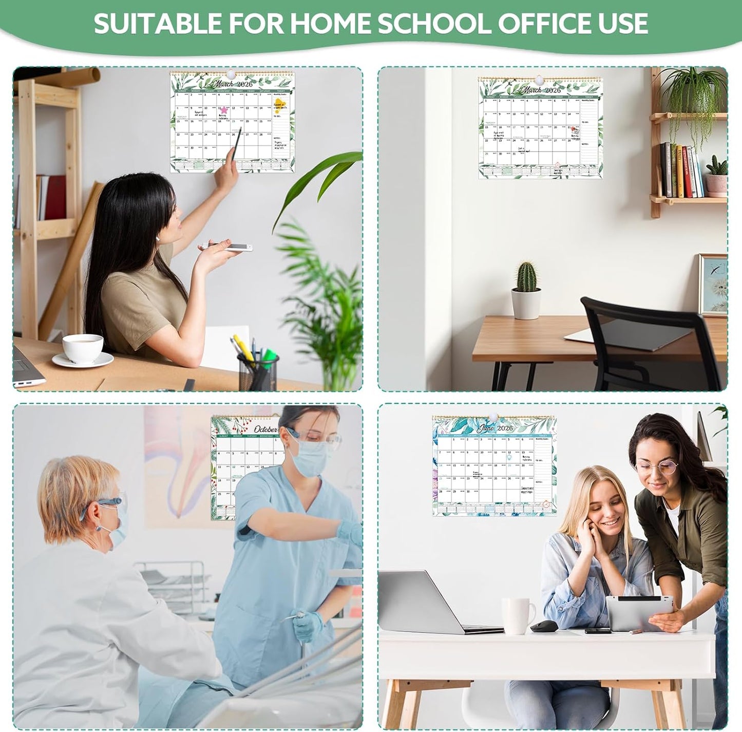 Wall Calendar 2026-2027, 18 Month Large Desk Calendar from January 2026 to June 2027 14.5" x 11.8" Monthly Calendar with Twin-Wire Binding for Home Office Planning Organisers, Green Leaf