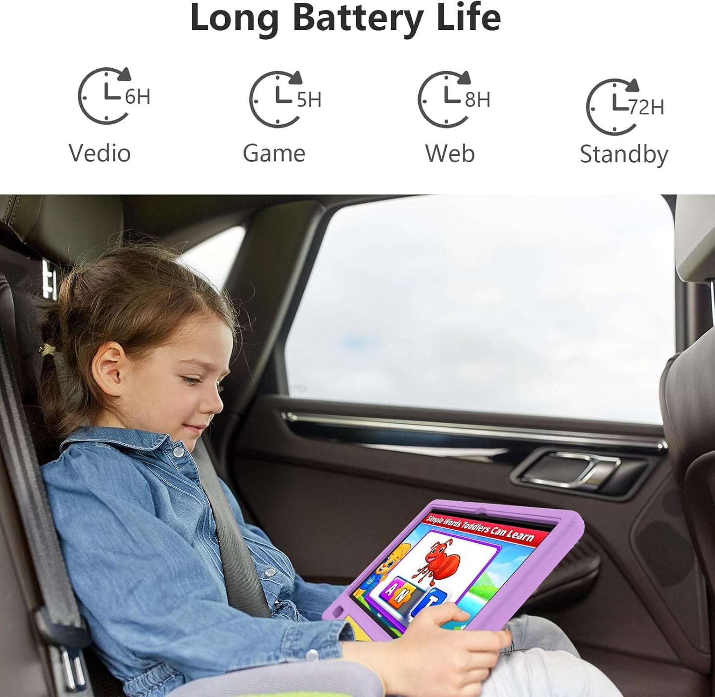 JREN Kids Table 10.1" |Android 14 Tablet for Kids|64GB Storage|Octa-Core|WiFi |Cameras|Parental Control|Kids Content|Case Included Great Gift for Children Ages 3-12 Years Old Purple