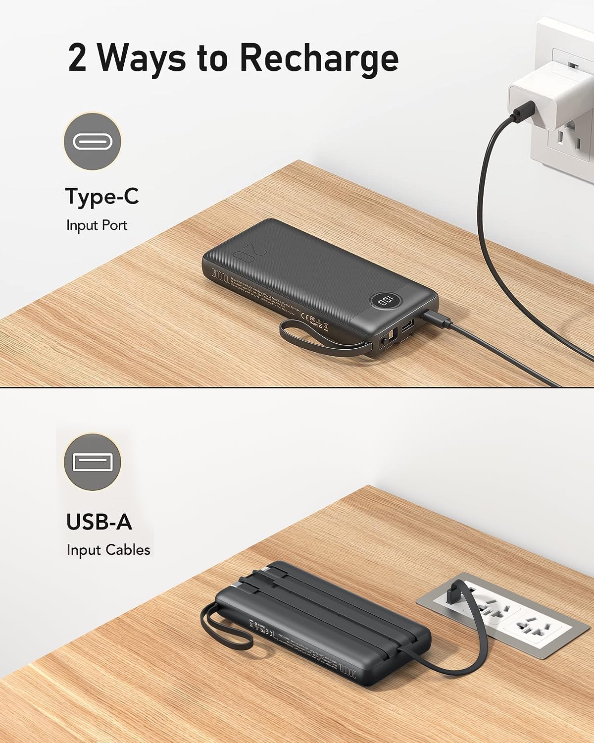 VEEKTOMX Portable Charger with Built-in Cables, 20000mAh Power Bank for iPhone, Fast Charging USB C Battery Pack, Travel Essentials Powerbank Compatible with iPhone, Samsung, Android, etc