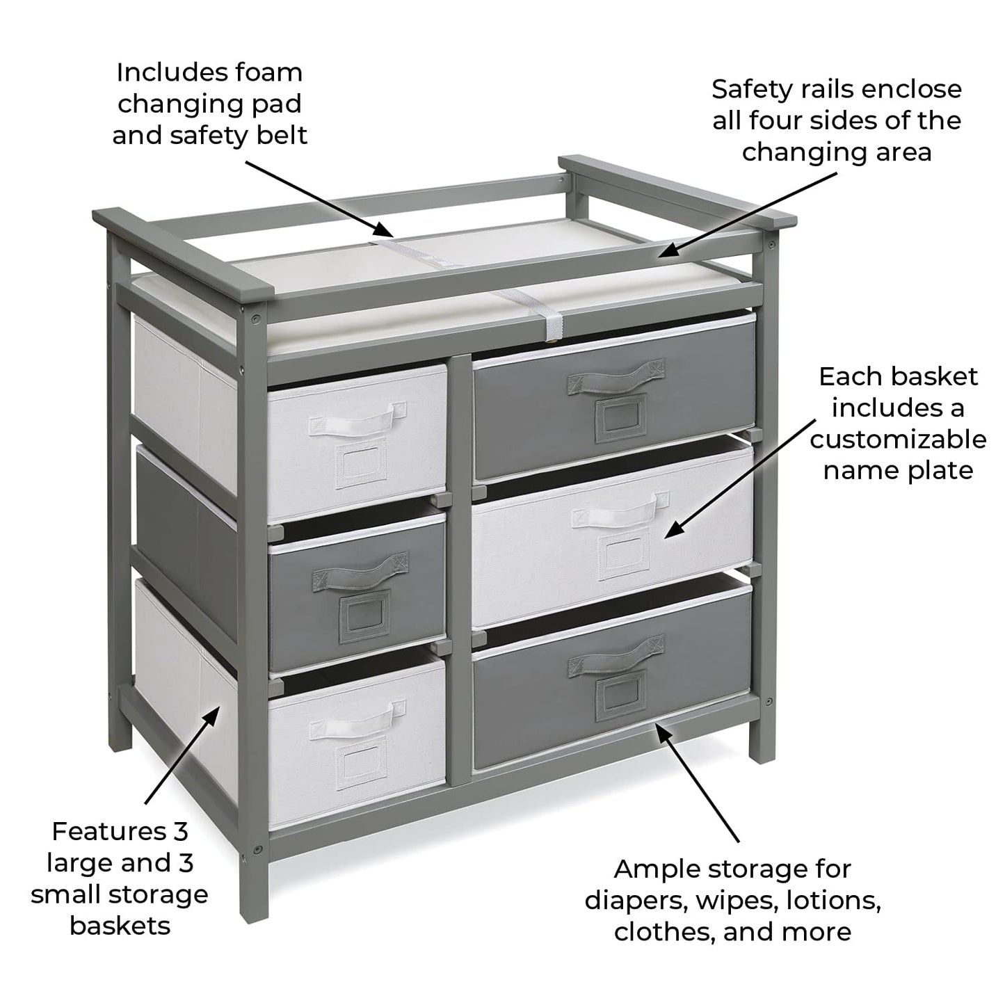 Badger Basket Modern Baby Changing Table - Diaper Station Organizer with 6 Storage Drawers, Reversible Baskets, Safety Rails - Baby Nursery Furniture with Changing Pad and Belt - Gray
