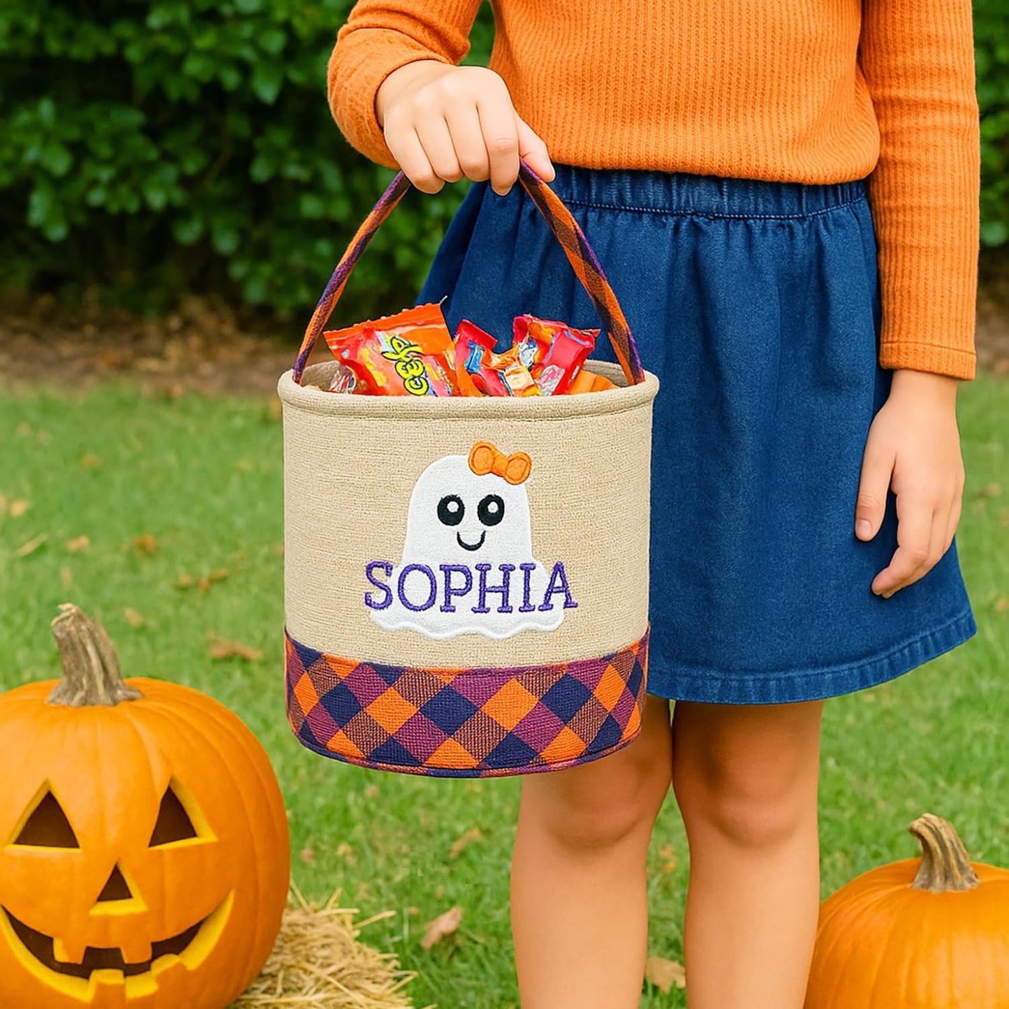 Personalized Halloween Trick or Treat Bag with Name β Custom Embroidered Candy Bucket for Kids, Cute Ghost Design Basket, Reusable Fabric Canvas Pumpkin Tote Gifts for Boys & Girls (Ghost)