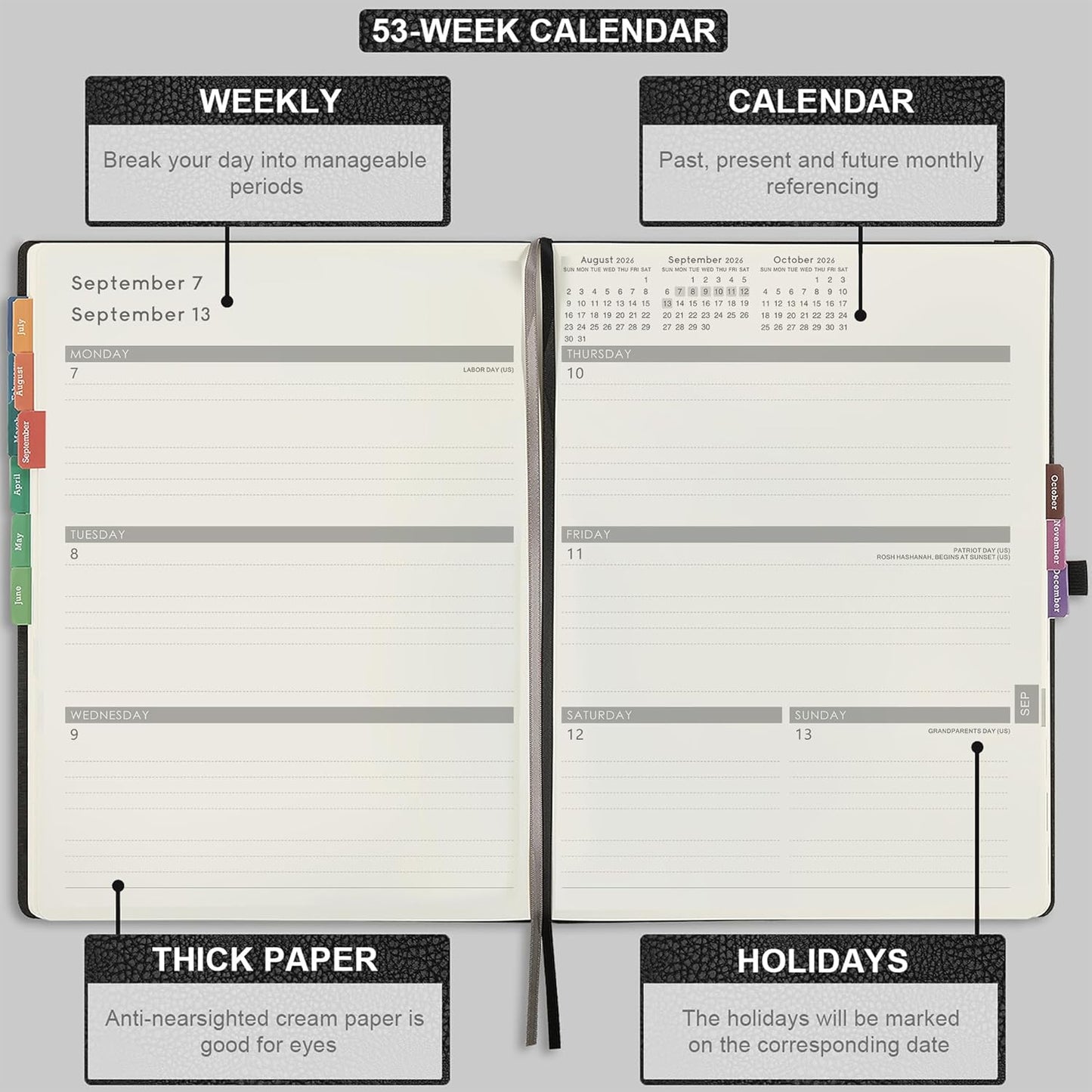 2026 Planner - JAN 2026 - DEC 2026, Planner Weekly and Monthly, Calendar Planner, 8.5" x 11", Leather Cover Planner with Thick Paper, Back Pocket with Notes Pages, Black