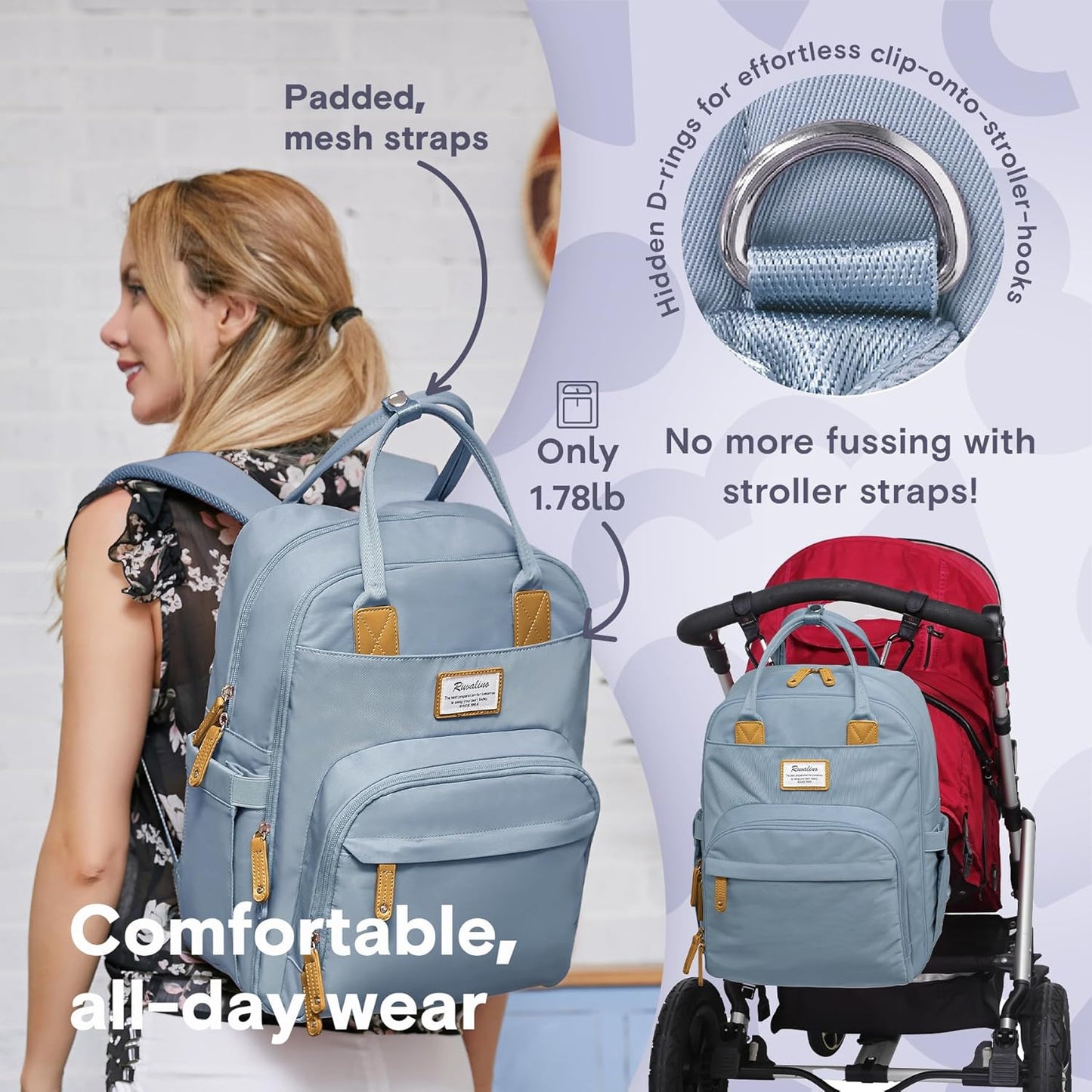 RUVALINO Diaper Bag Backpack-Multifunction Baby Travel Bag with Changing pad, Insulated Bottle Holders & Pacifier Case, Large Capacity, Waterproof, Sky Blue