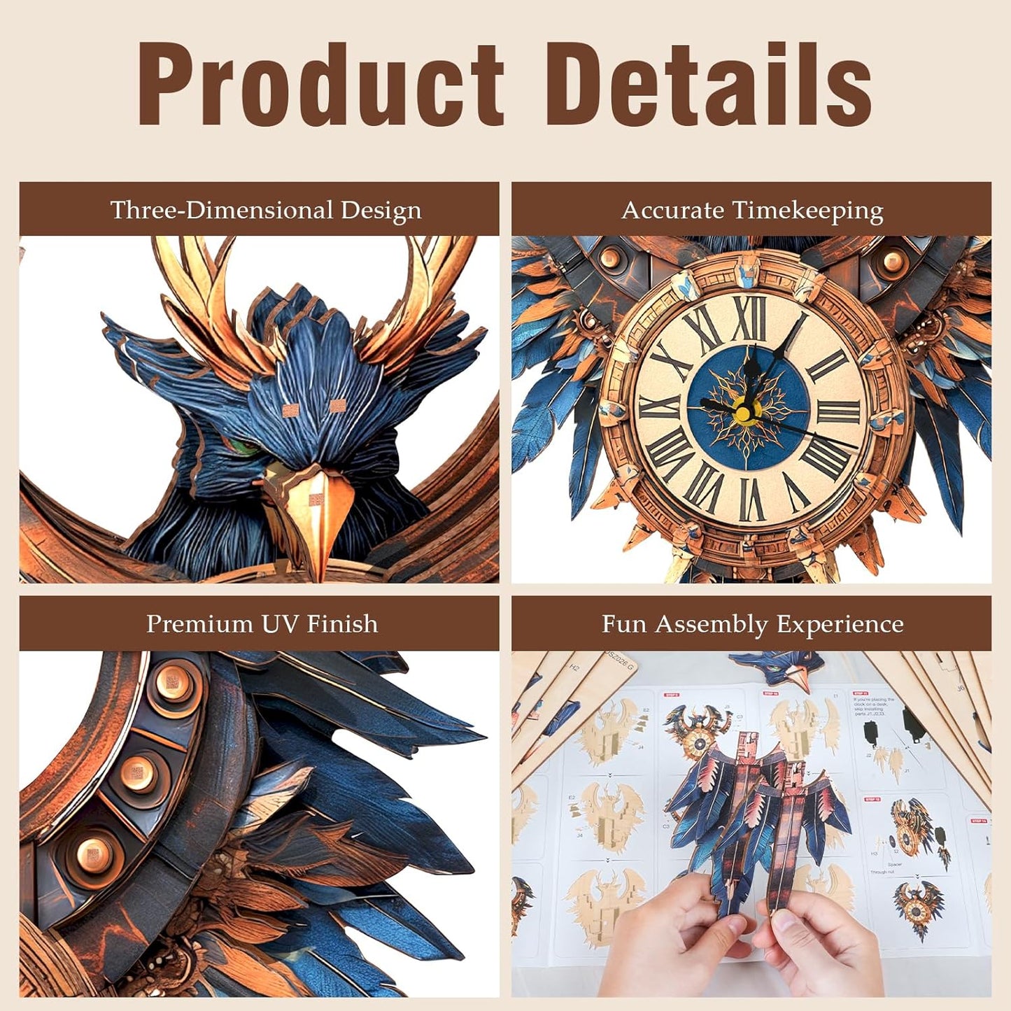 3D Puzzles for Adults Clock-Thunderbird Design Model Kit-Mechanical DIY Pendulum Clock with Roman Numerals-Desk Home Office Decor Personalized Gift for DIY Lovers