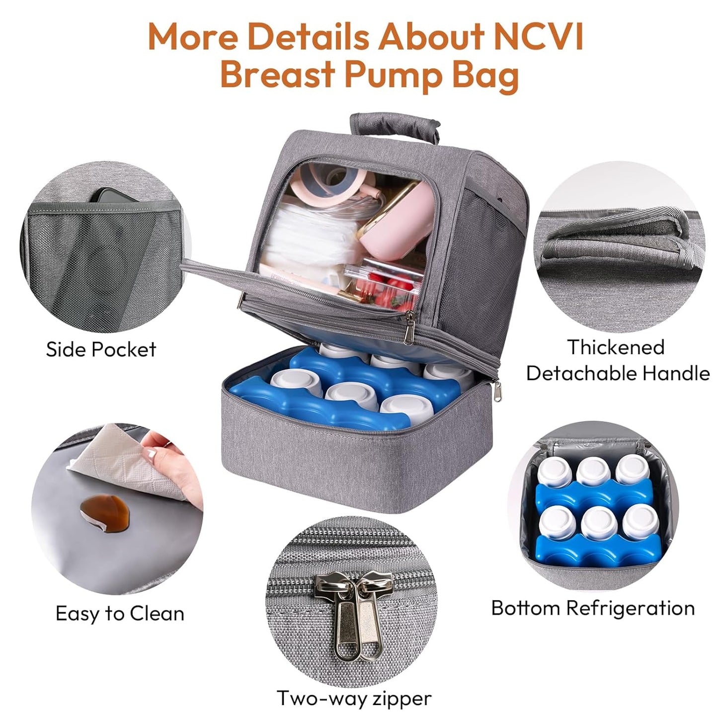 NCVI Breast Pump Bag, Double Layer Removable Pump Bag for Spectra S1, S2, Medela, Breast Pump Backpack with Ice Pack, Insulated Breast Milk Cooler Bag for Working Nursing Moms, Grey