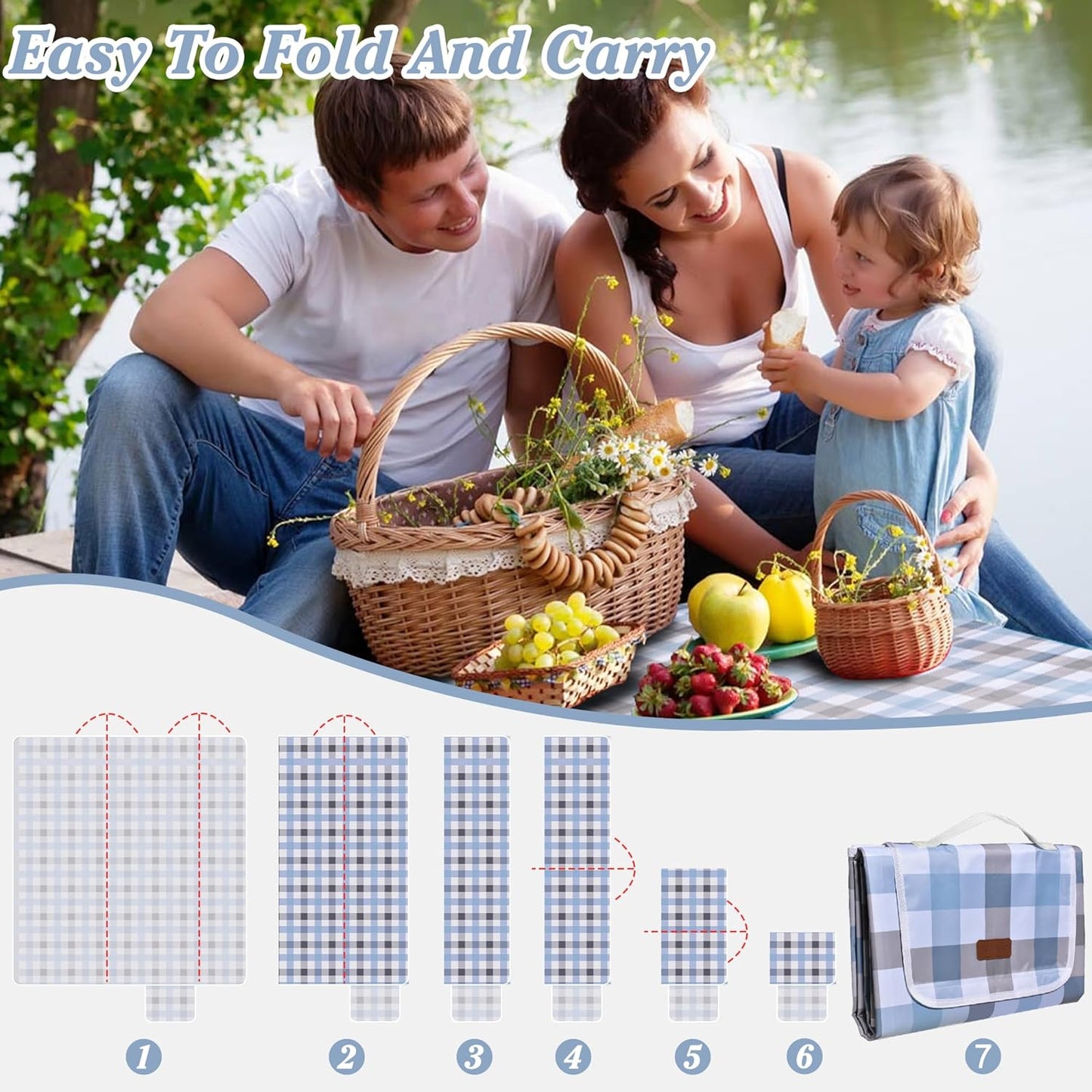 80"x60" Waterproof Sandproof Picnic Mat - Portable Foldable Outdoor Blanket for Beach, Park, Travel & Indoor Use - Lightweight Compact Design, Easy-Carry (Blue&Gray)