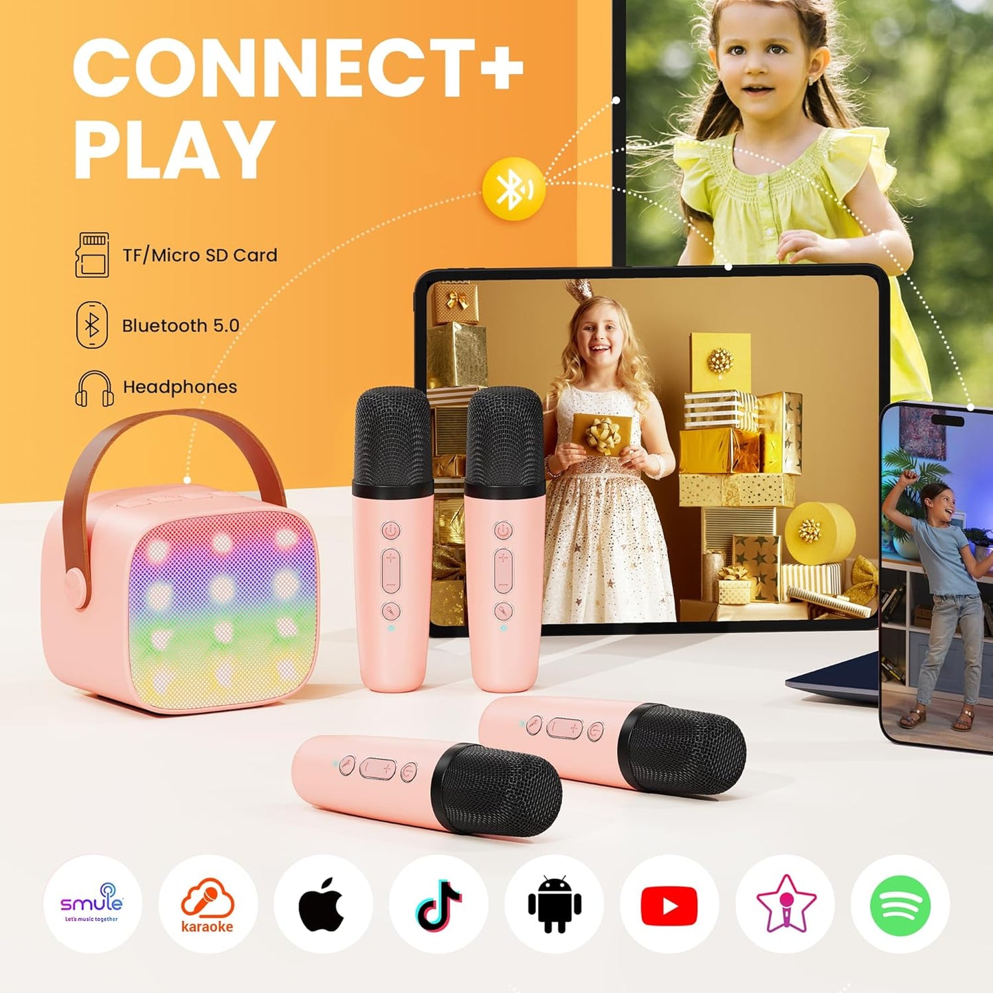 YLL Mini Karaoke Machine for Kids Adults: Portable Loud Speaker with 4 Wireless Microphones -Most Popular Birthday Party Gifts for Girls Boys 3, 4, 5, 6, 7, 8, 9, 10+ Year Old Toys (Pink-4 Mics)
