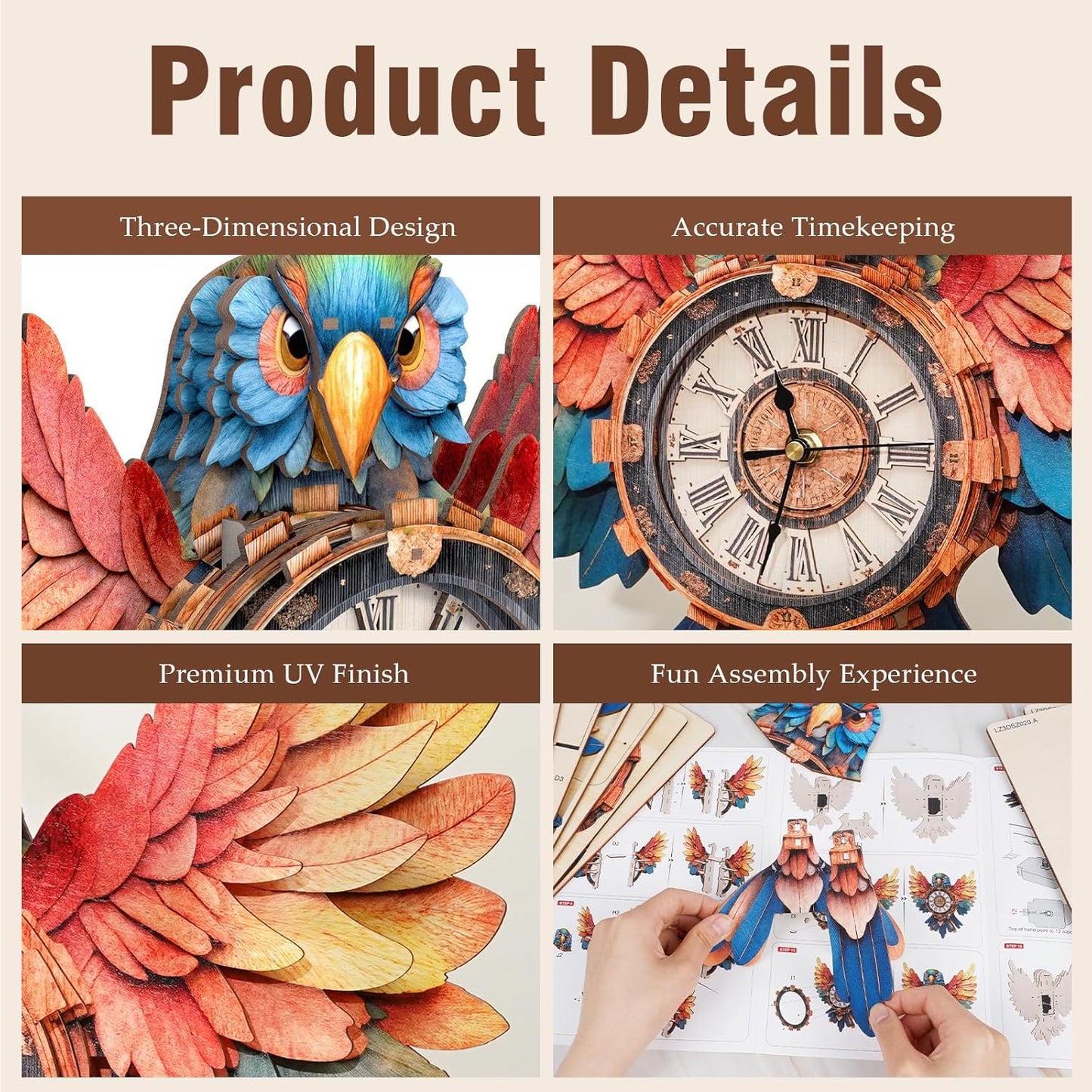 3D Puzzles for Adults Clock-Parrot Design Model Kit-Mechanical DIY Pendulum Clock with Roman Numerals-Desk Home Office Decor Personalized Gift for DIY Lovers