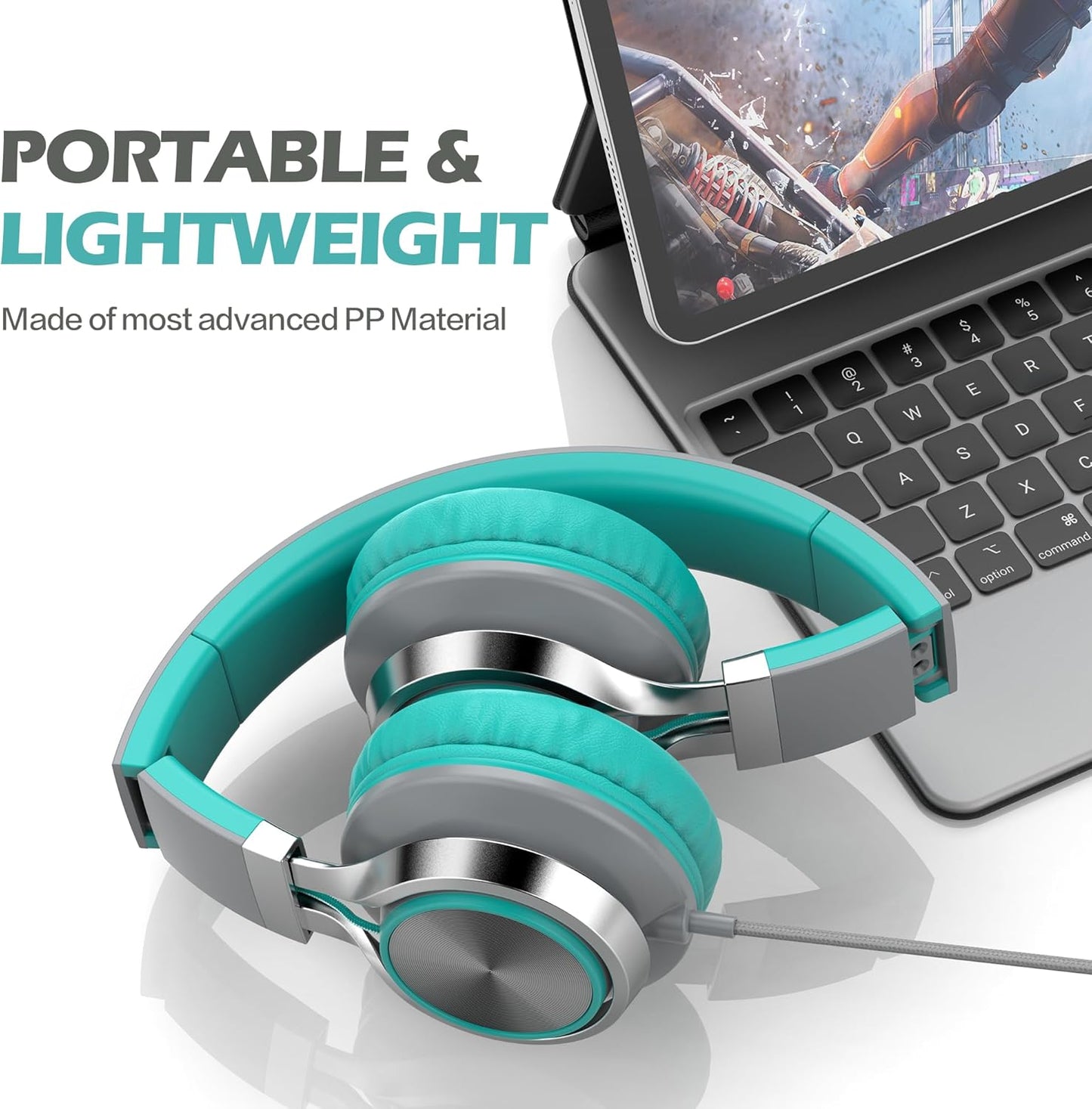 AILIHEN C8 Kids Headphones Wired USB C, USB-C Headphones with Microphone & Volume Control, Foldable Stereo Sound Tangle-Free Type C Cord, Compatible with Cellphone, Laptop, PC, Computer (Grey Mint)
